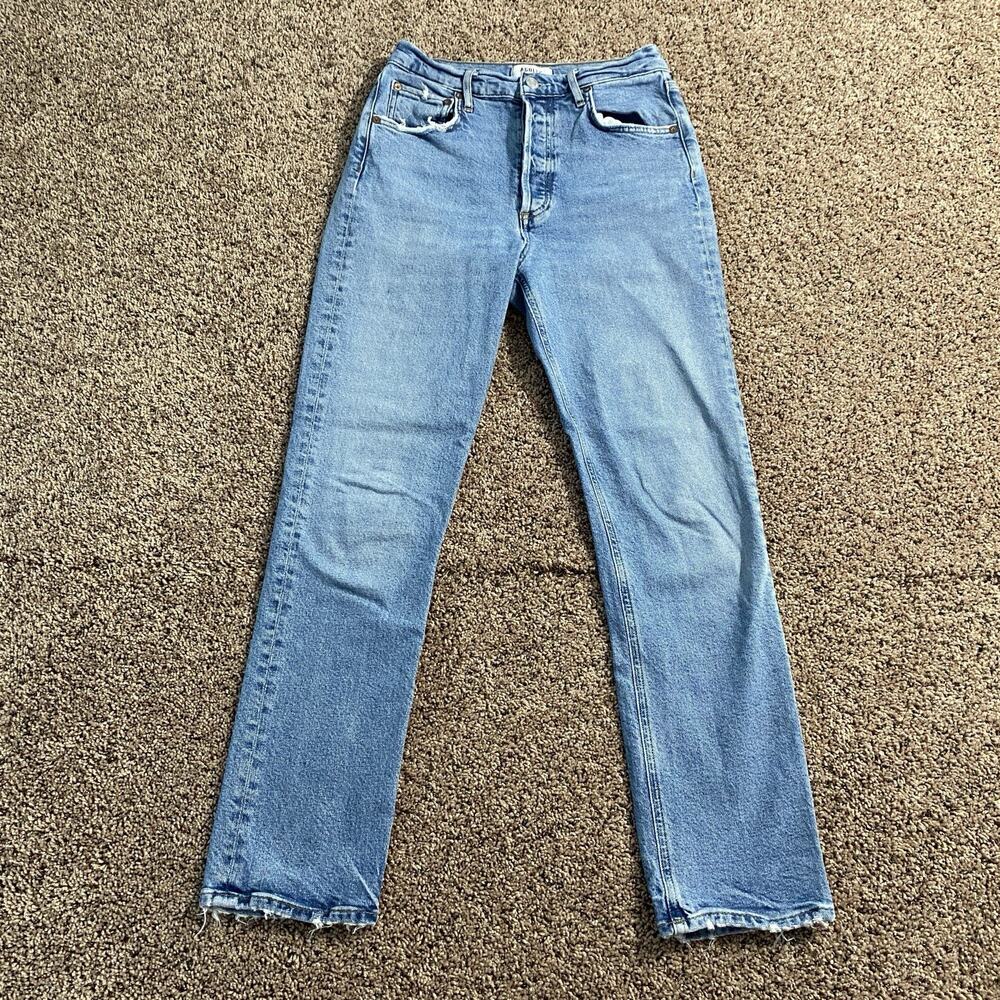 Agolde Riley Long High Rise Straight Denim Jeans Button Organic Cotton 26 x 28